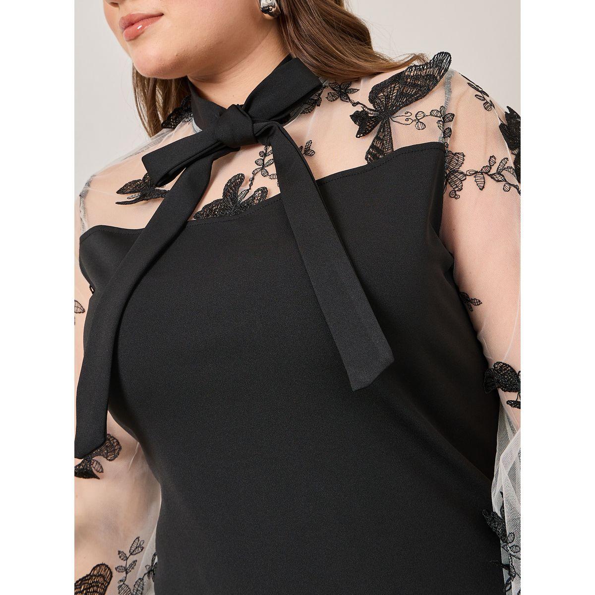 Styli Plus Tie-Up Neck Mesh Yoke Sheath Midi Dress-women-clothing-dresses-image-3