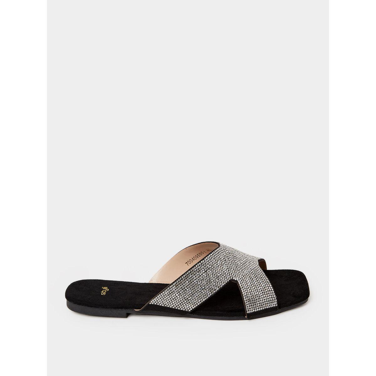 Styli Embellished Cross Strap Flat Sandal -women-shoes-sandals-flats-image-1