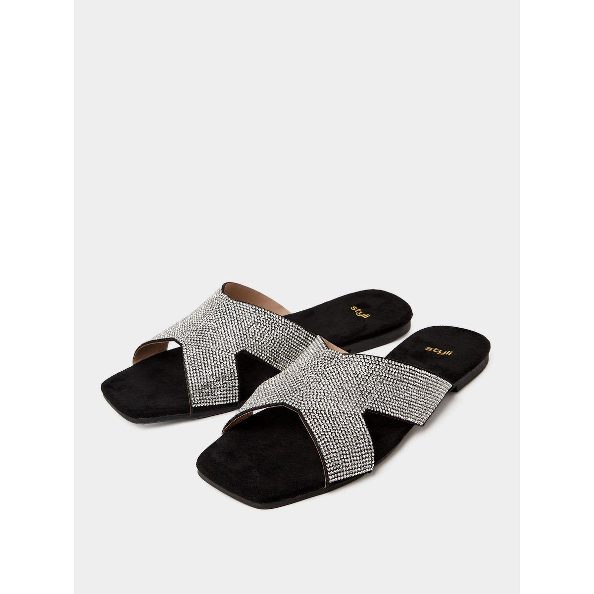Styli Embellished Cross Strap Flat Sandal -women-shoes-sandals-flats-image-3