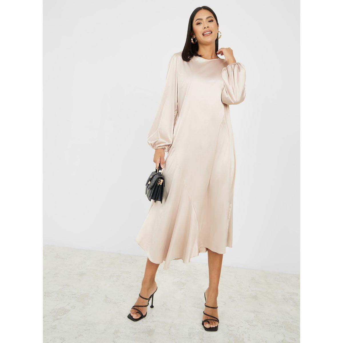 Styli Solid Satin Asymmetric Hem A-Line Midi Dress-women-clothing-dresses-image-1