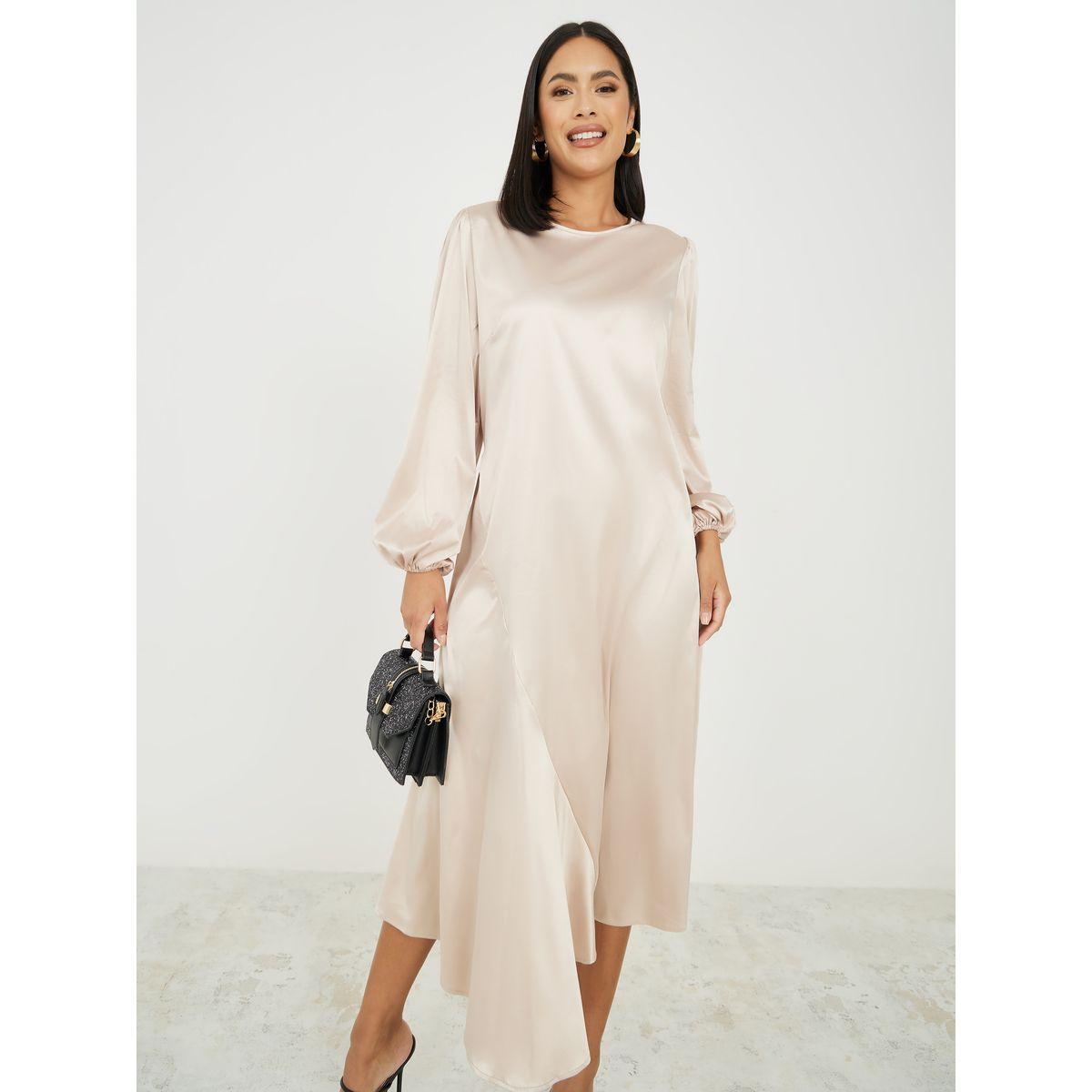 Styli Solid Satin Asymmetric Hem A-Line Midi Dress-women-clothing-dresses-image-2