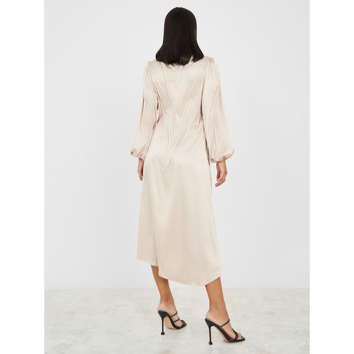 Styli Solid Satin Asymmetric Hem A-Line Midi Dress-women-clothing-dresses-image-4