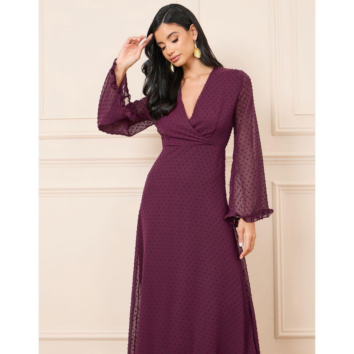 Styli Sheer Flute Sleeve Dobby Spot Wrap Front Maxi Dress-women-clothing-dresses-image-2