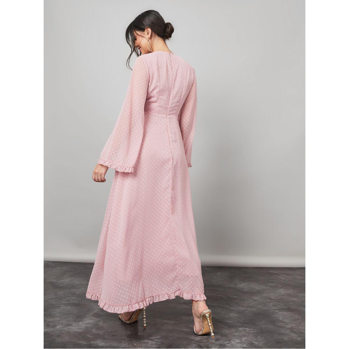 Styli Sheer Flute Sleeve Dobby Spot Wrap Front Maxi Dress-women-clothing-dresses-image-4