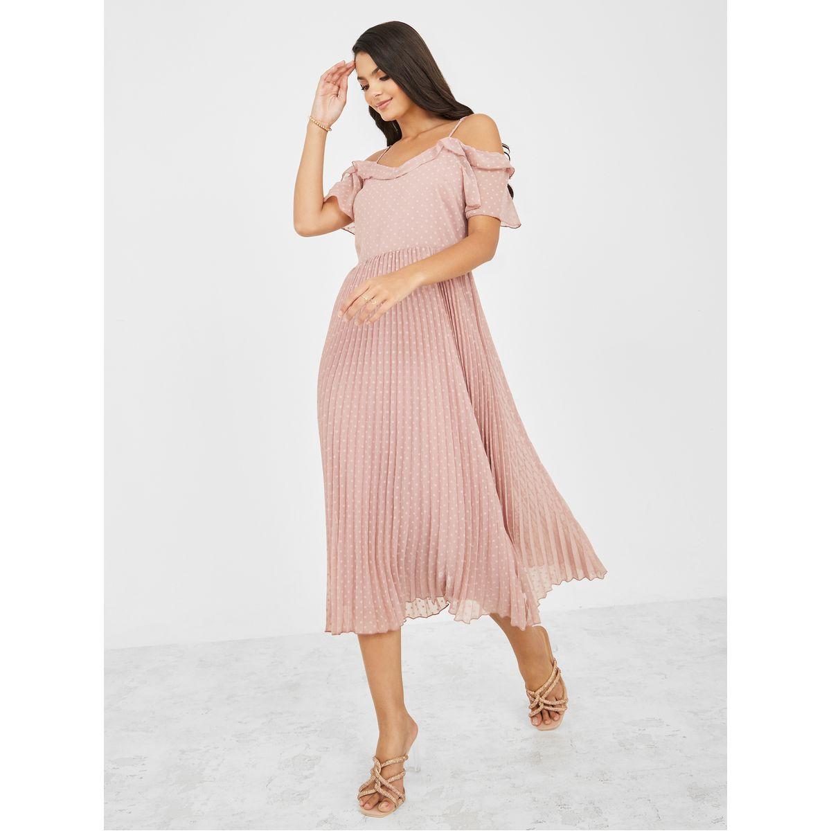 Styli Dobby Cold Shoulder Accordion Pleated A-Line Midi Dress-women-clothing-dresses-image-1