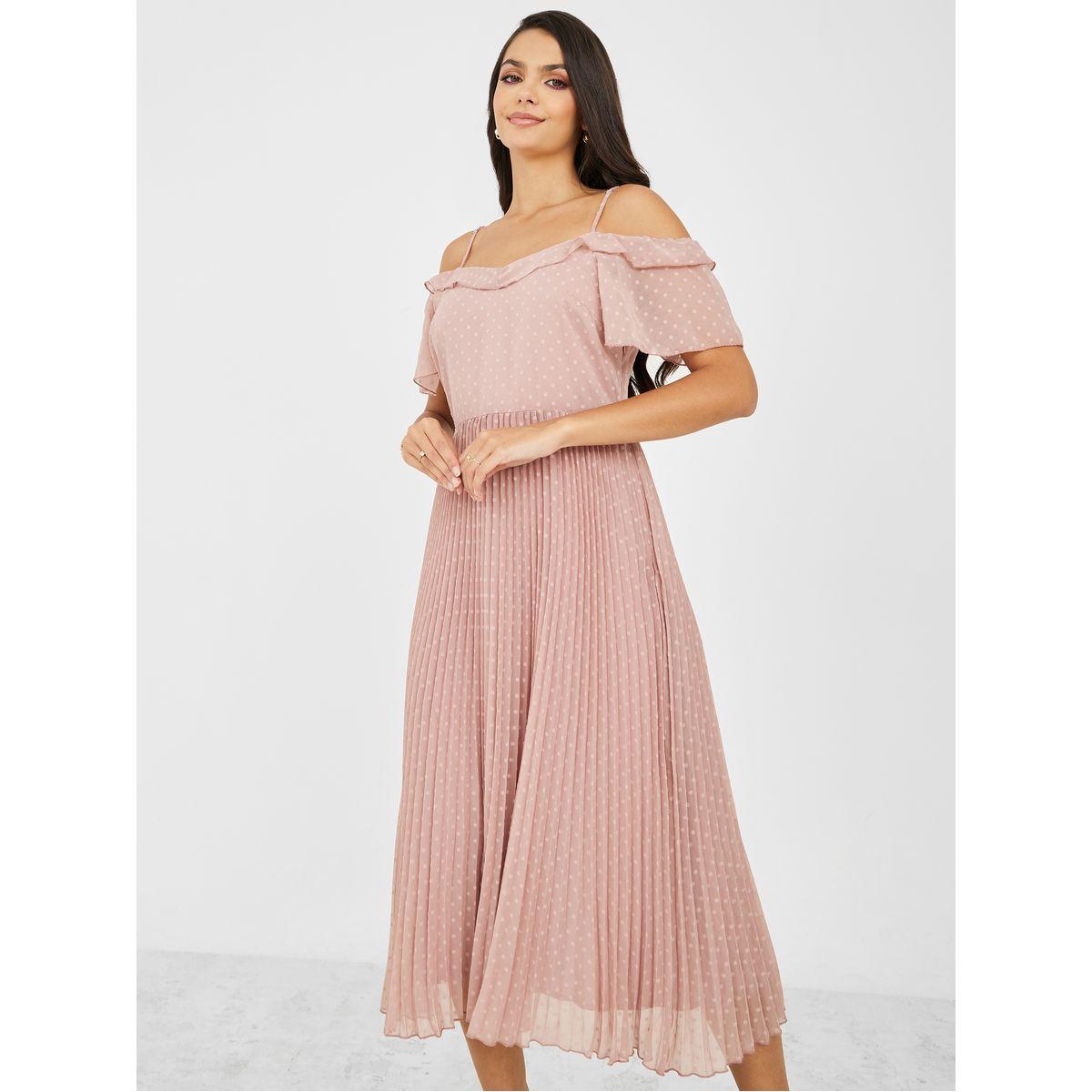 Styli Dobby Cold Shoulder Accordion Pleated A-Line Midi Dress-women-clothing-dresses-image-2