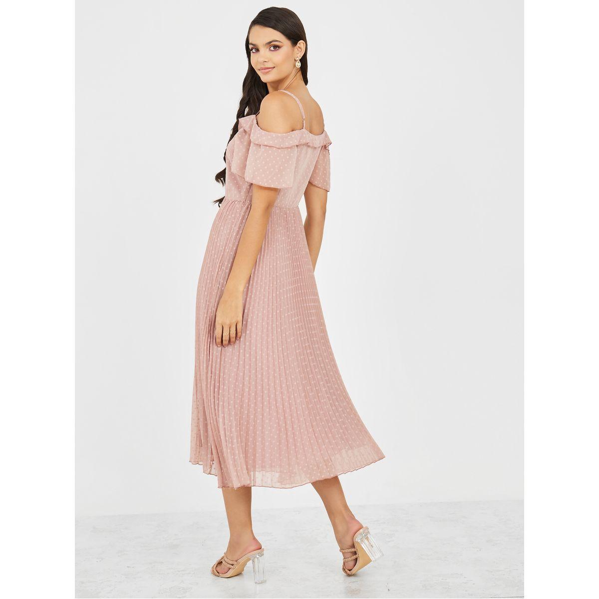 Styli Dobby Cold Shoulder Accordion Pleated A-Line Midi Dress-women-clothing-dresses-image-4