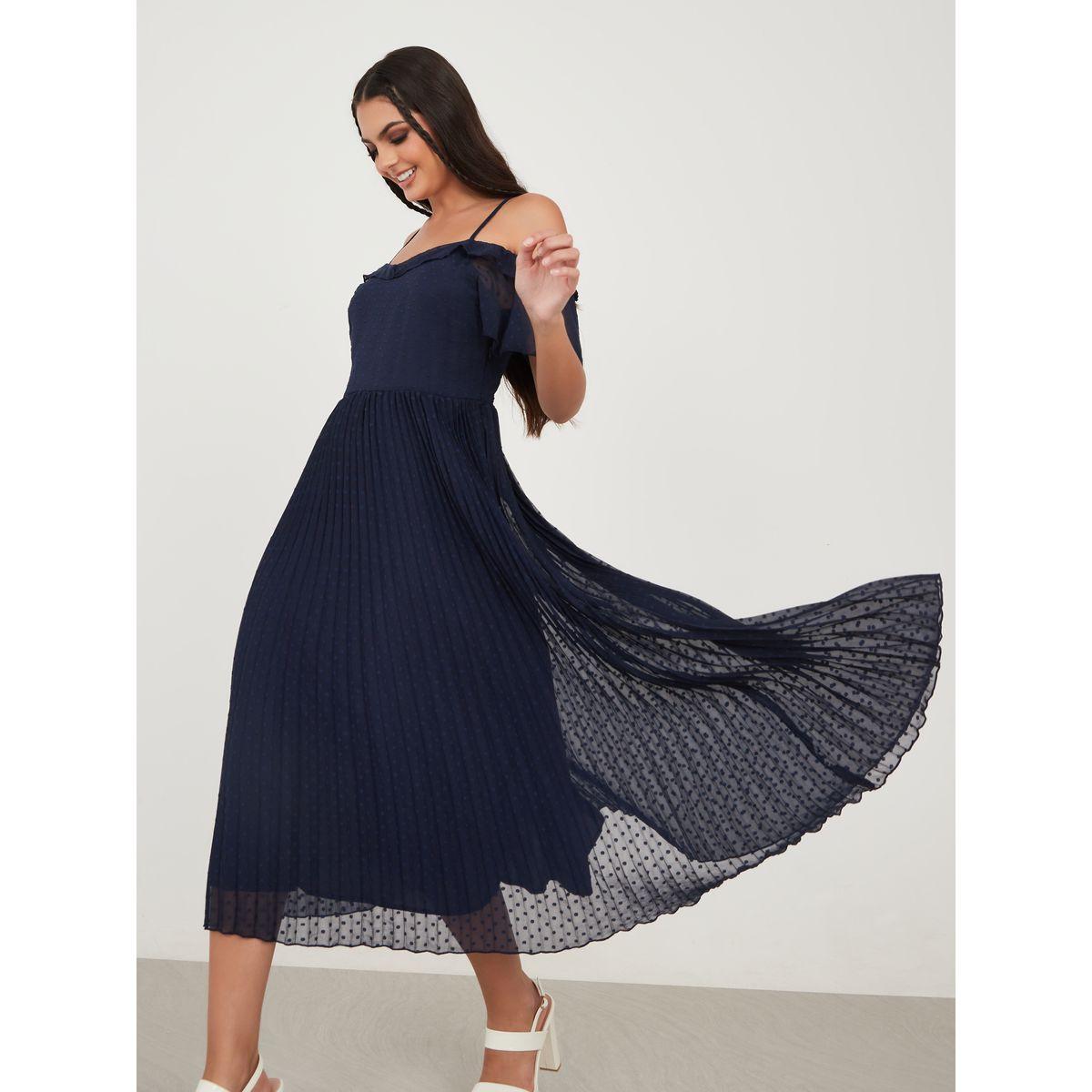 Styli Cold Shoulder Sleeves Dobby Mesh Insert A-Line Midi Dress-women-clothing-dresses-image-1