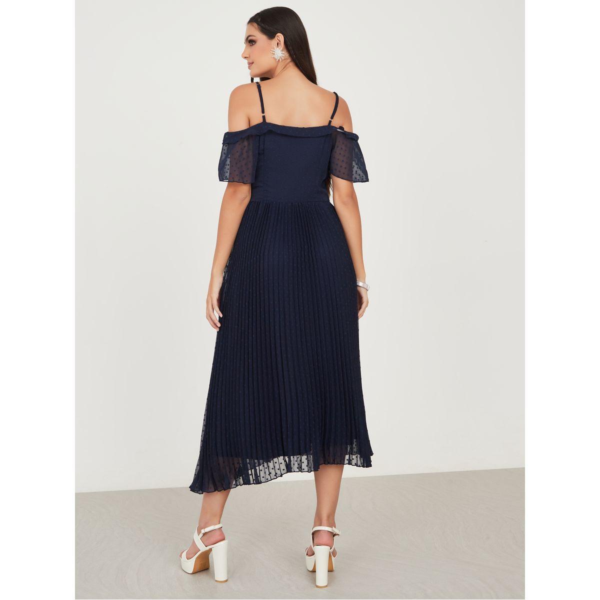 Styli Cold Shoulder Sleeves Dobby Mesh Insert A-Line Midi Dress-women-clothing-dresses-image-4