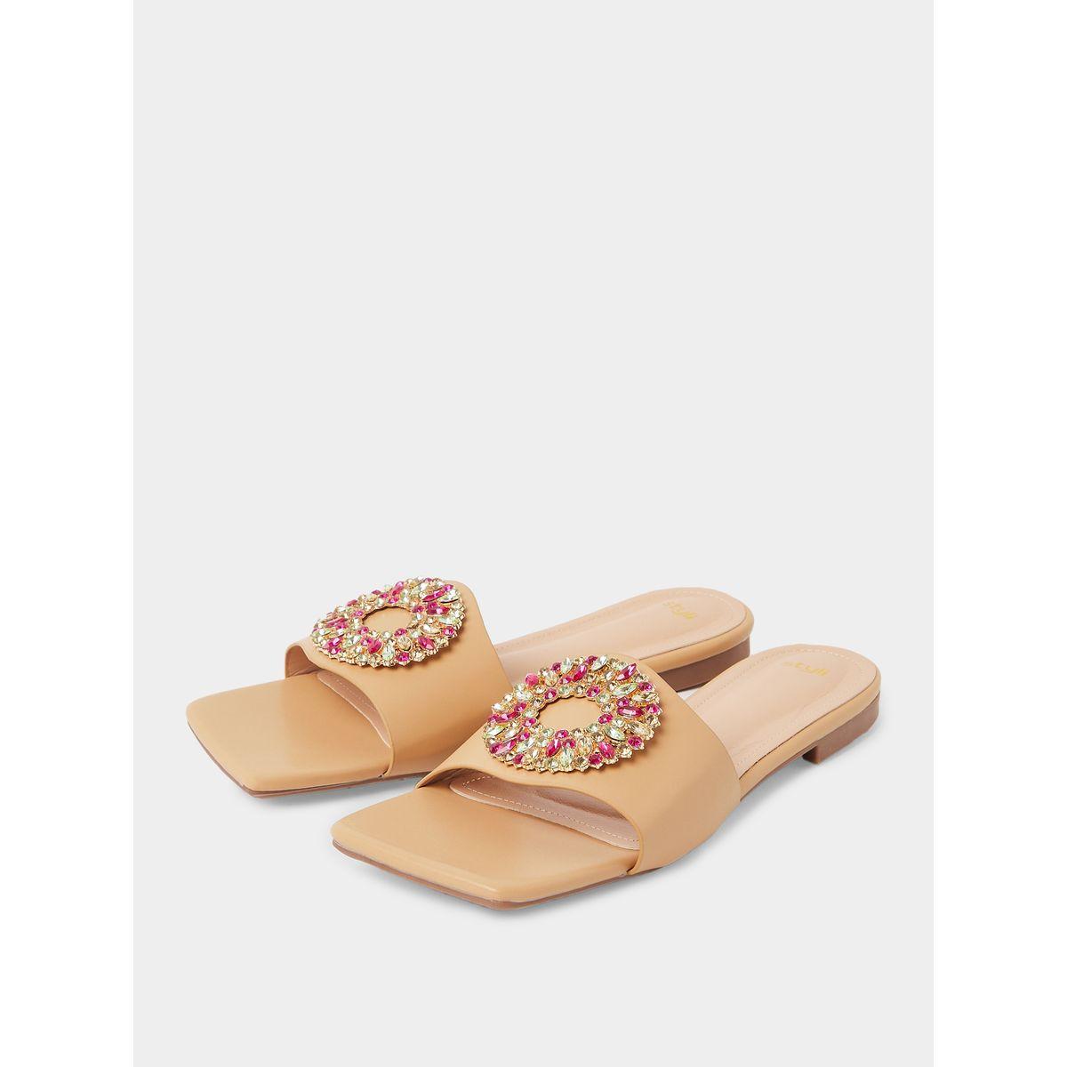 Styli Rhinestone Embellished Single Band Flat Sandals-women-shoes-sandals-flats-image-2