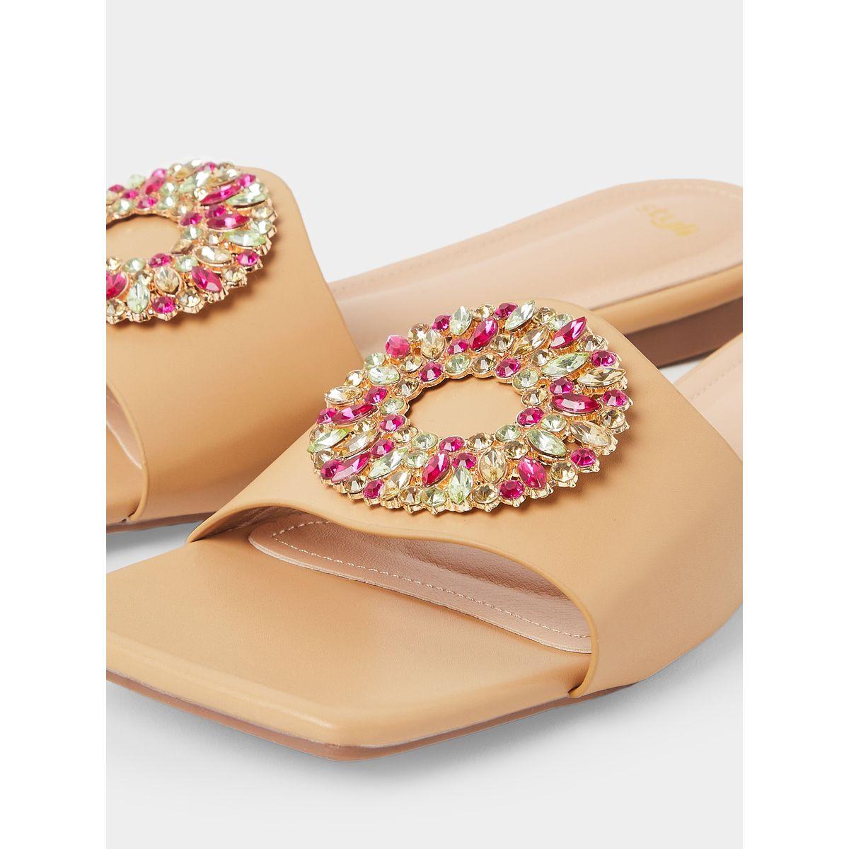 Styli Rhinestone Embellished Single Band Flat Sandals-women-shoes-sandals-flats-image-4