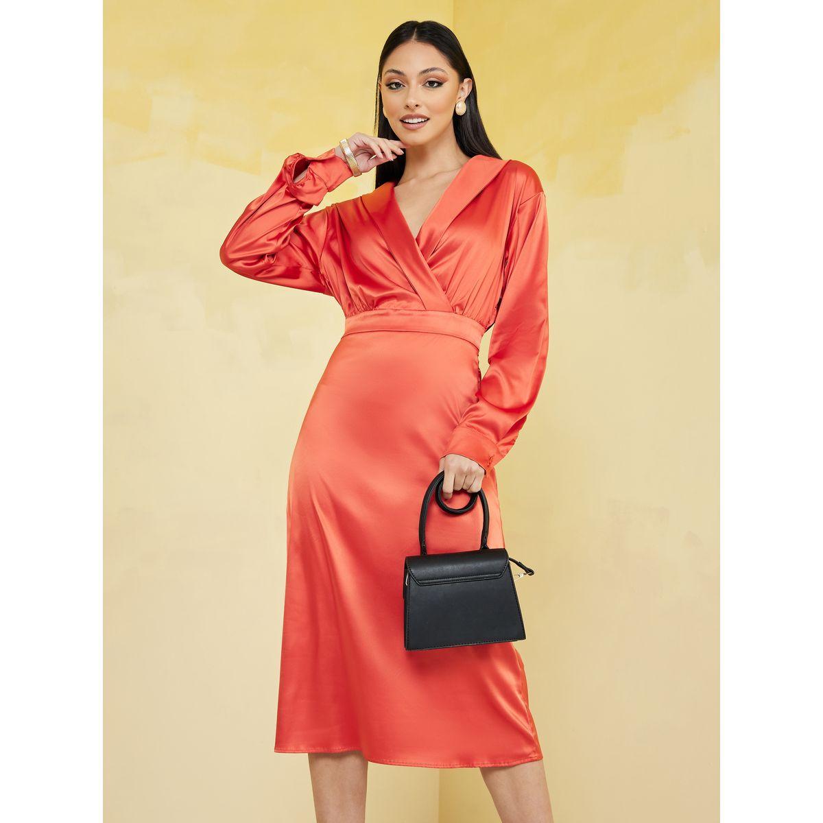 Styli Notch Lapel Satin Wrap Front Midi Dress-women-clothing-dresses-image-1