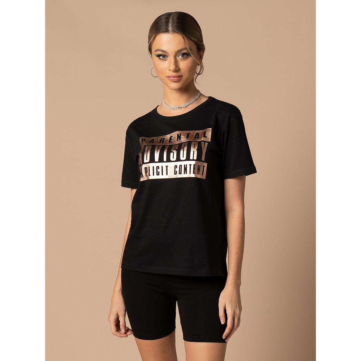 URBAN HAUL X Styli  Regular Fit Parental Advisory Foil Print T-Shirt-women-clothing-tshirts-image-1