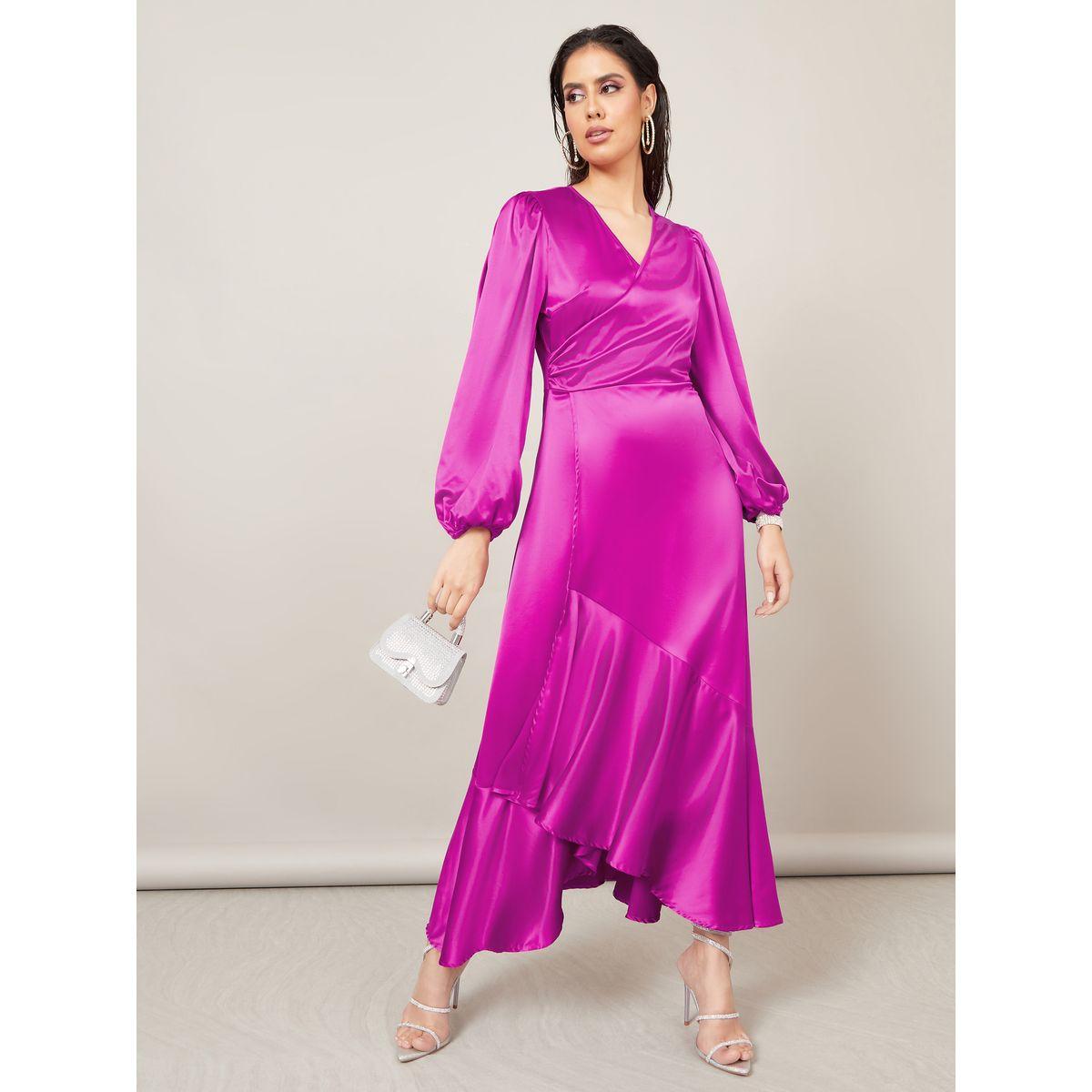 Styli Satin Wrap Front Maxi Dress with Frill Hem-women-clothing-dresses-image-1