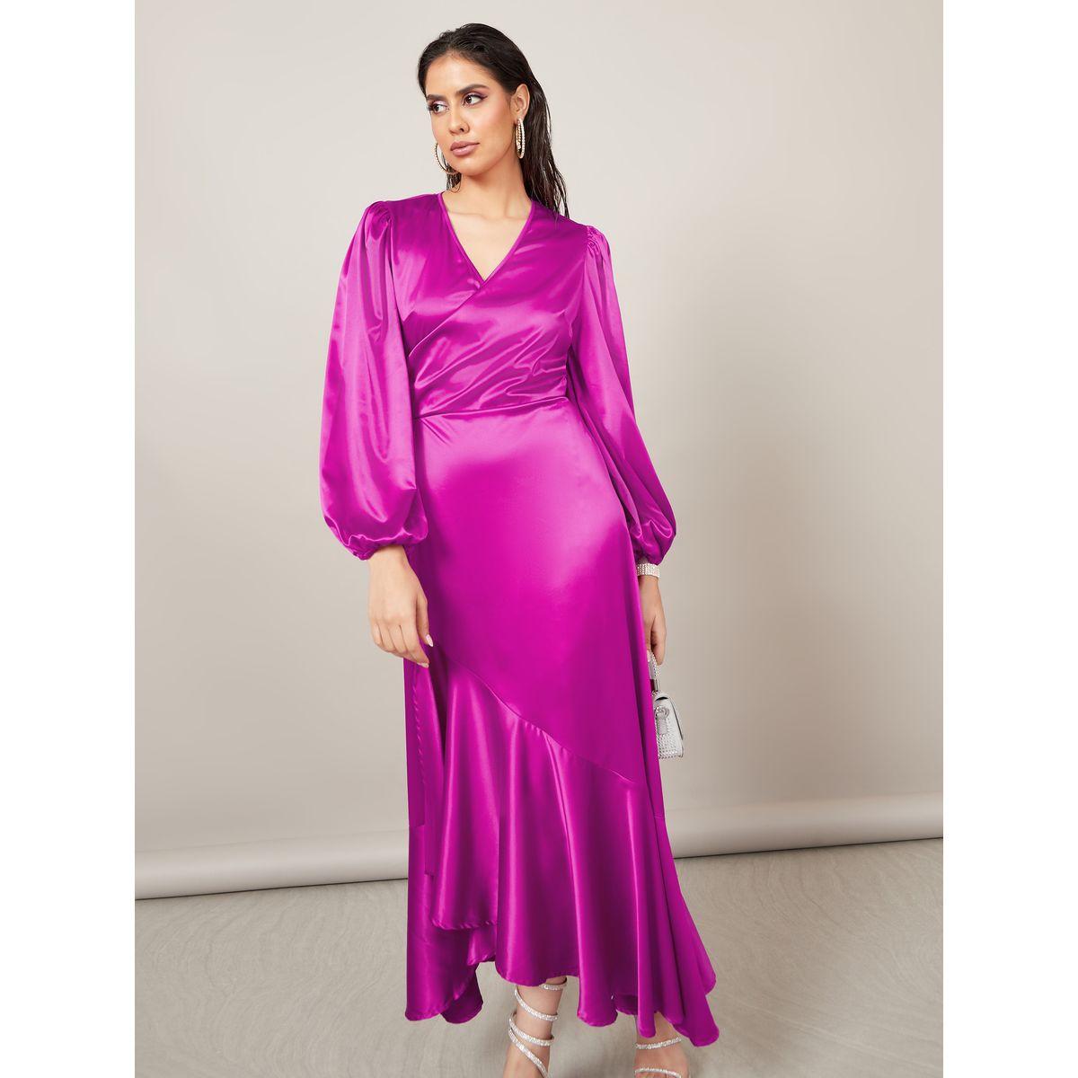 Styli Satin Wrap Front Maxi Dress with Frill Hem-women-clothing-dresses-image-2