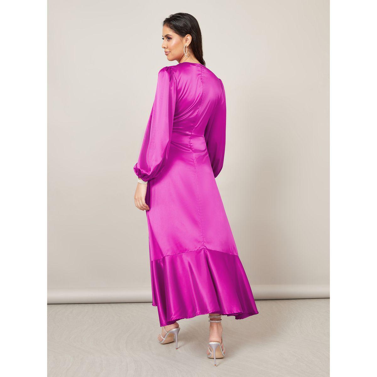 Styli Satin Wrap Front Maxi Dress with Frill Hem-women-clothing-dresses-image-4