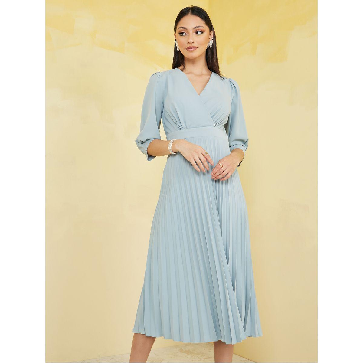 Styli 3/4 Sleeve Pleated Satin A-Line Midi Dress-women-clothing-dresses-image-1
