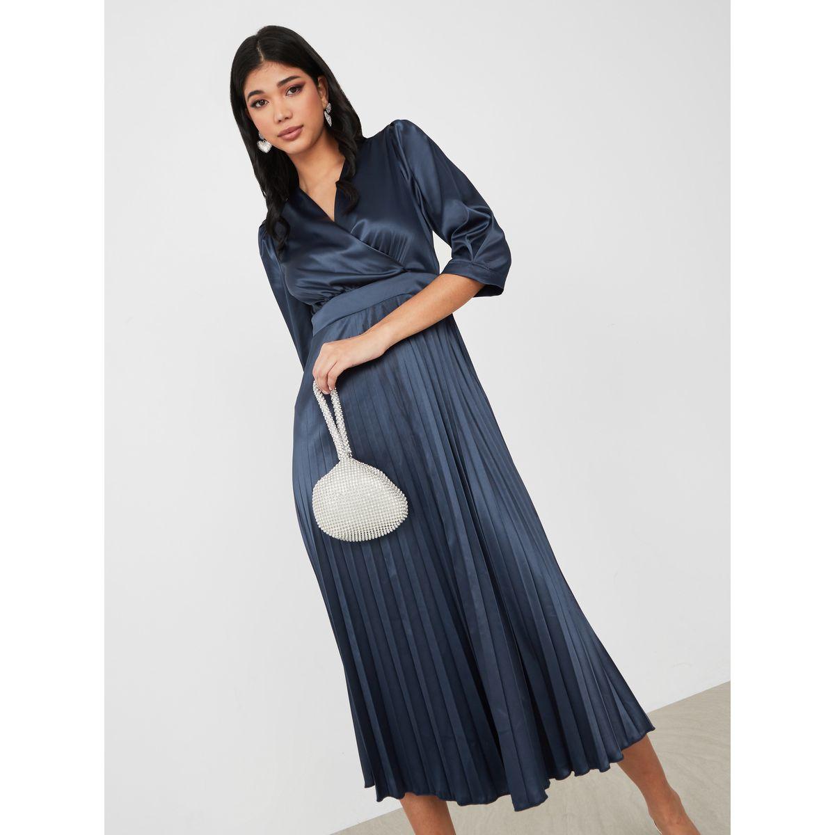Styli 3/4 Sleeve Pleated Satin A-Line Midi Dress-women-clothing-dresses-image-1