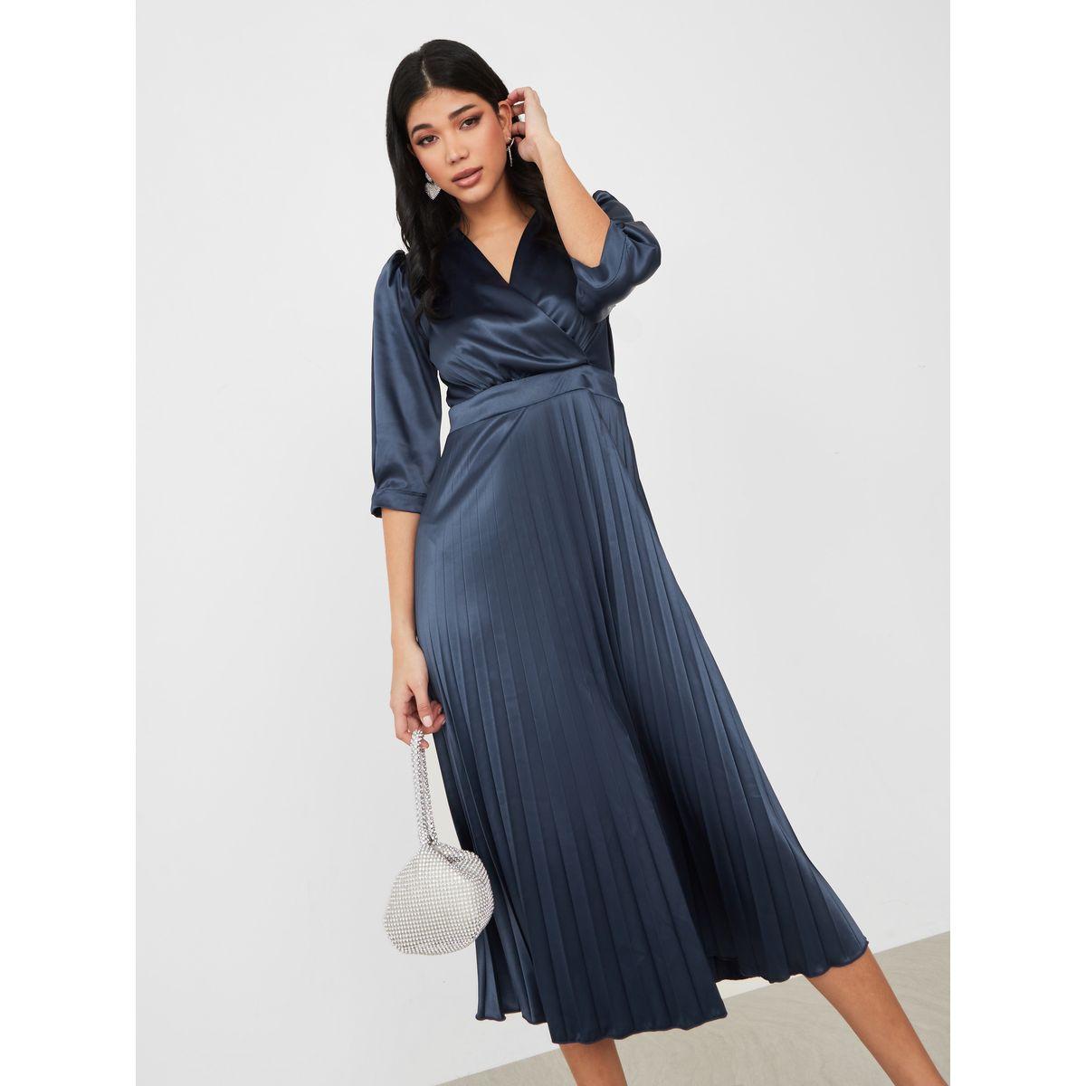Styli 3/4 Sleeve Pleated Satin A-Line Midi Dress-women-clothing-dresses-image-2