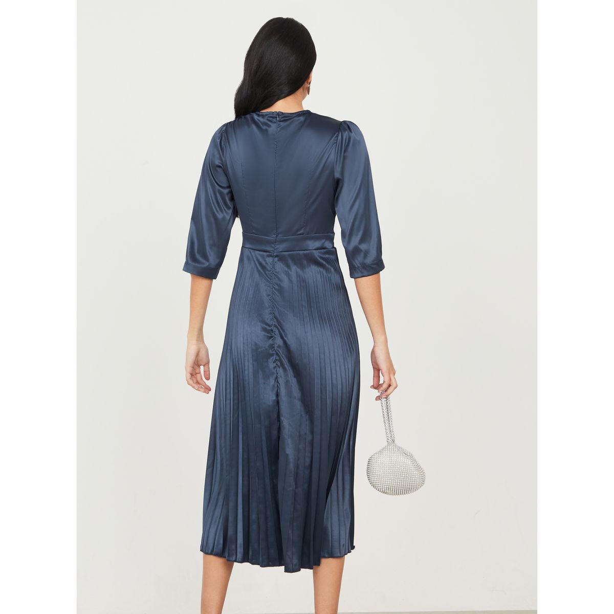 Styli 3/4 Sleeve Pleated Satin A-Line Midi Dress-women-clothing-dresses-image-4