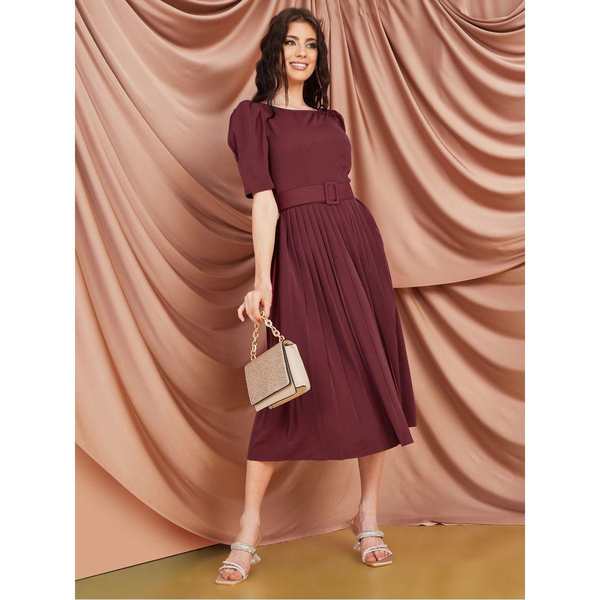 Styli Puff Sleeves Belted Pleated A-Line Midi Dress-women-clothing-dresses-image-2