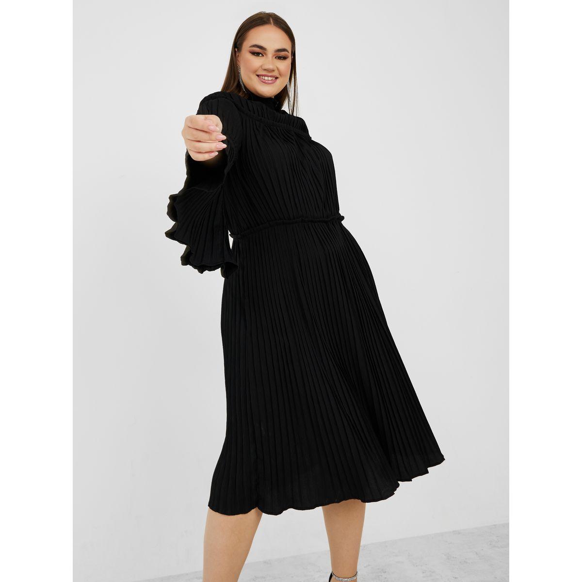 Styli Plus High Neck Pleated Midi Dress With Belted Detail-women-clothing-dresses-image-1