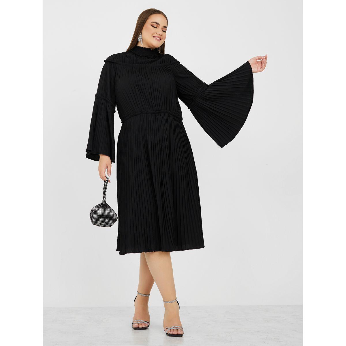 Styli Plus High Neck Pleated Midi Dress With Belted Detail-women-clothing-dresses-image-2