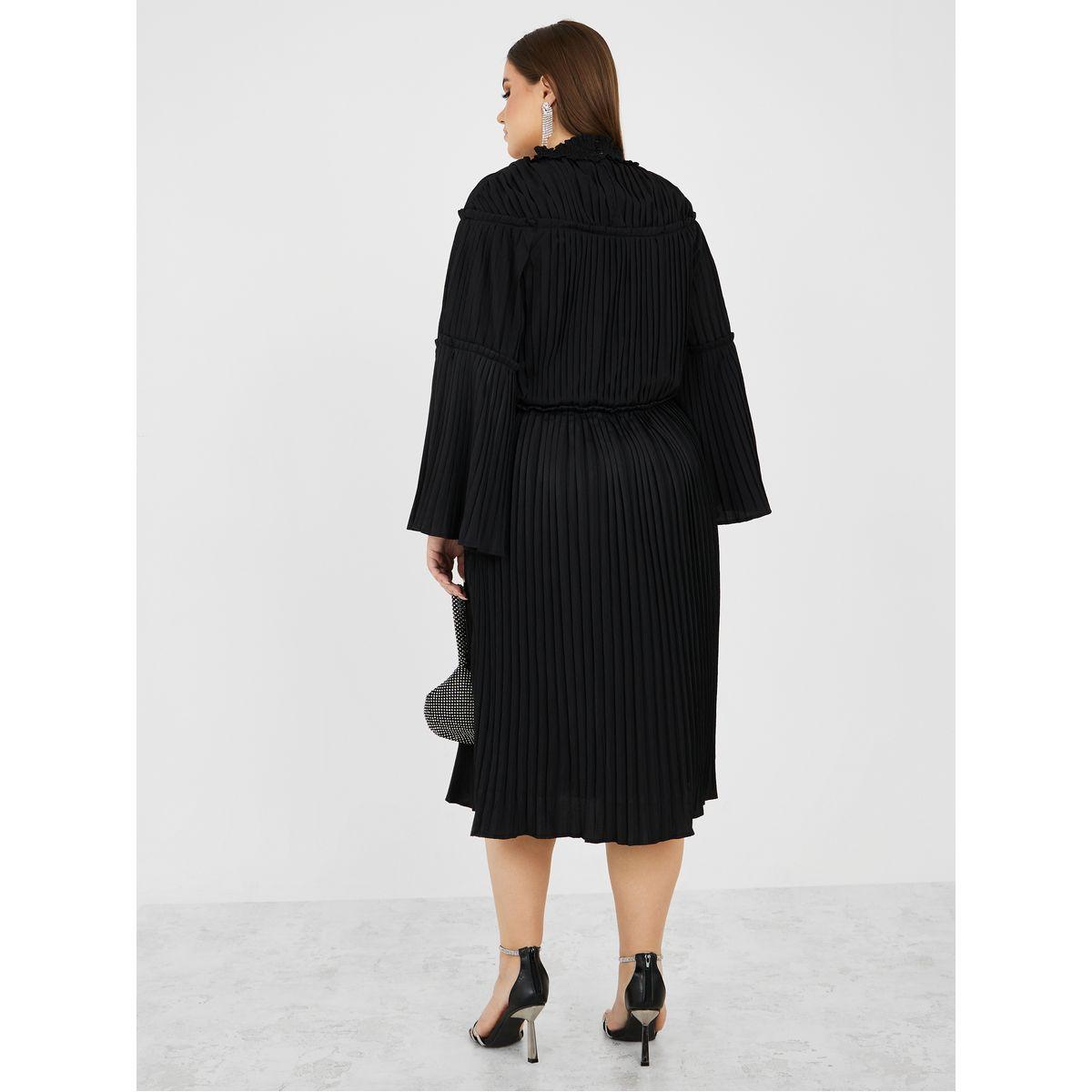 Styli Plus High Neck Pleated Midi Dress With Belted Detail-women-clothing-dresses-image-4