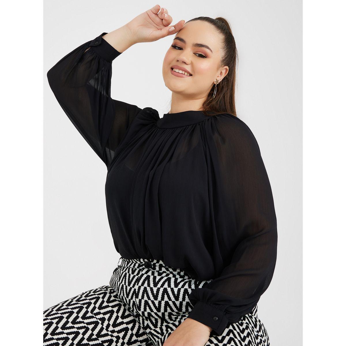 Styli Plus Sheer High Neck Tie Back Blouse -women-clothing-shirtsandblouses-blouses-image-1