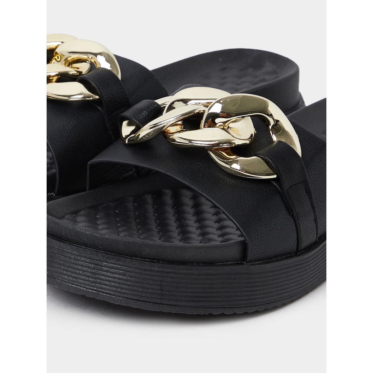 Styli Chain Accent Wide Strap Flat Sandals-women-shoes-sandals-flats-image-5
