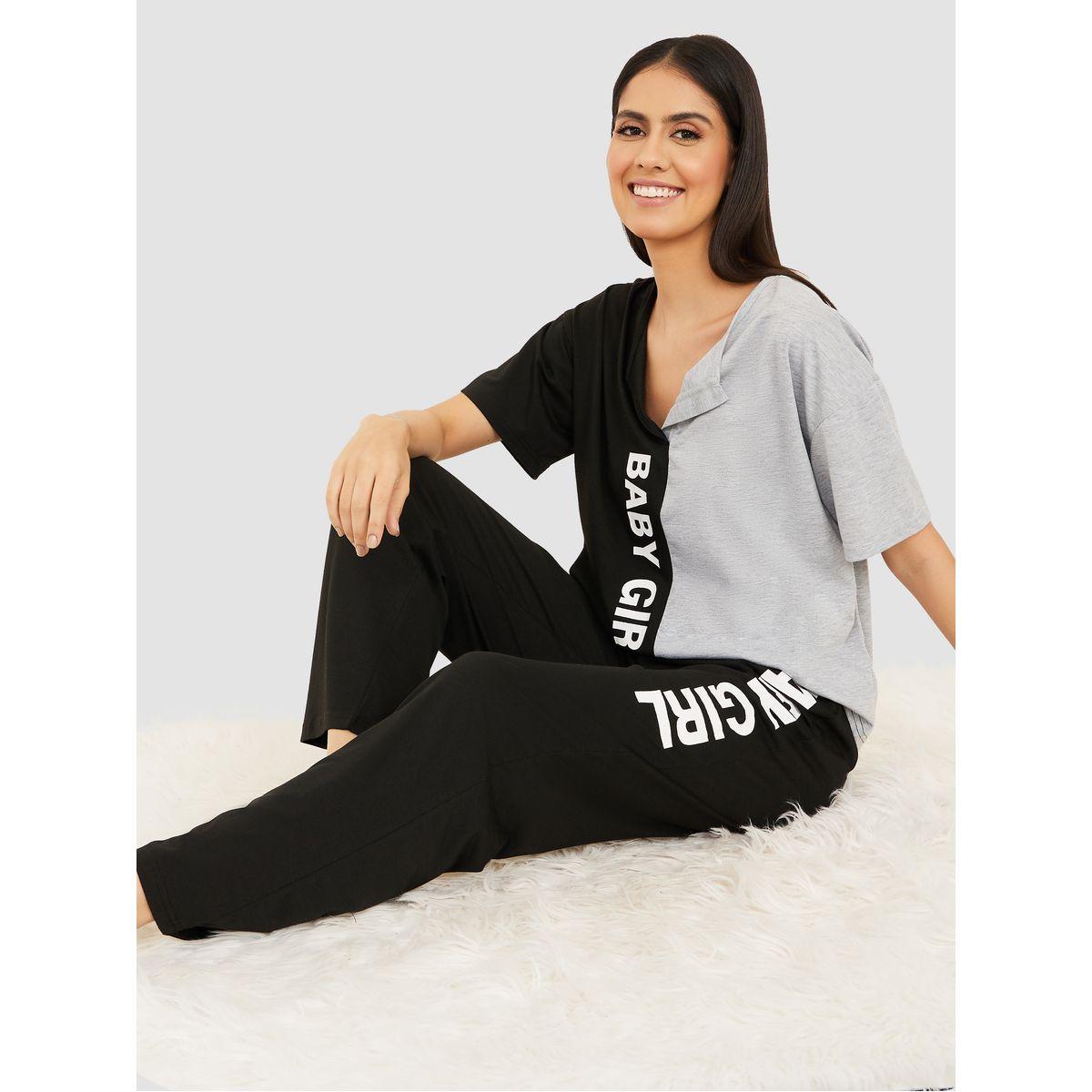 Styli Unwind Baby Girl Colourblock V Neck T-shirt and Pyjama Set-women-clothing-nightwear-pyjamas-longsets-image-1