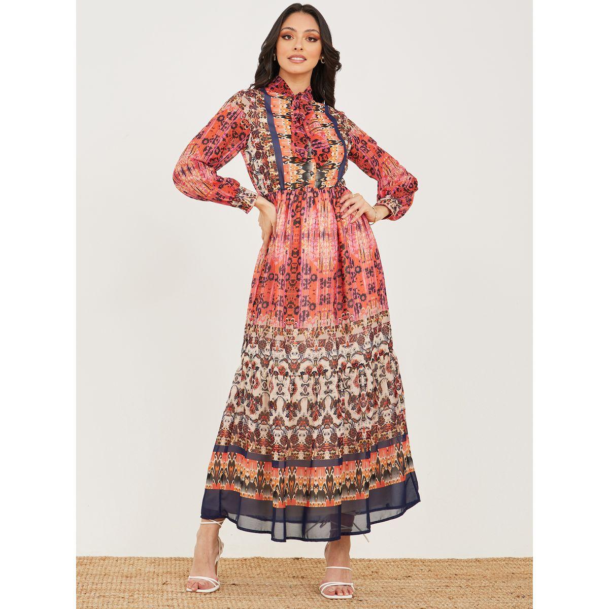 Styli Bohemian Print Tie Neck Tiered Maxi Dress-women-clothing-dresses-image-1