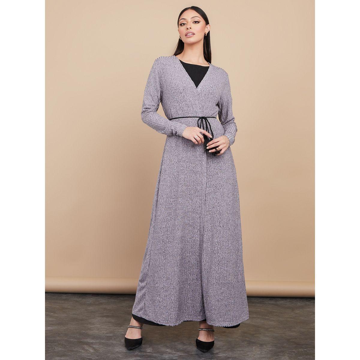 Styli Knitted Abaya with Self Tie Waist-women-arabicclothing-abayas-image-3