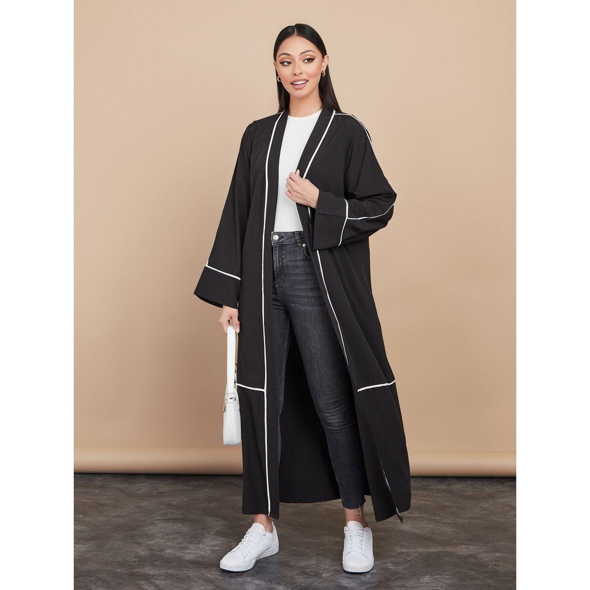 Styli Contrast Piped Abaya with Self Tie-women-arabicclothing-abayas-image-1