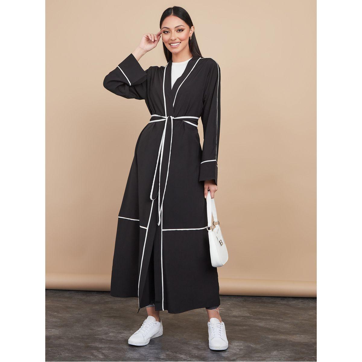 Styli Contrast Piped Abaya with Self Tie-women-arabicclothing-abayas-image-3