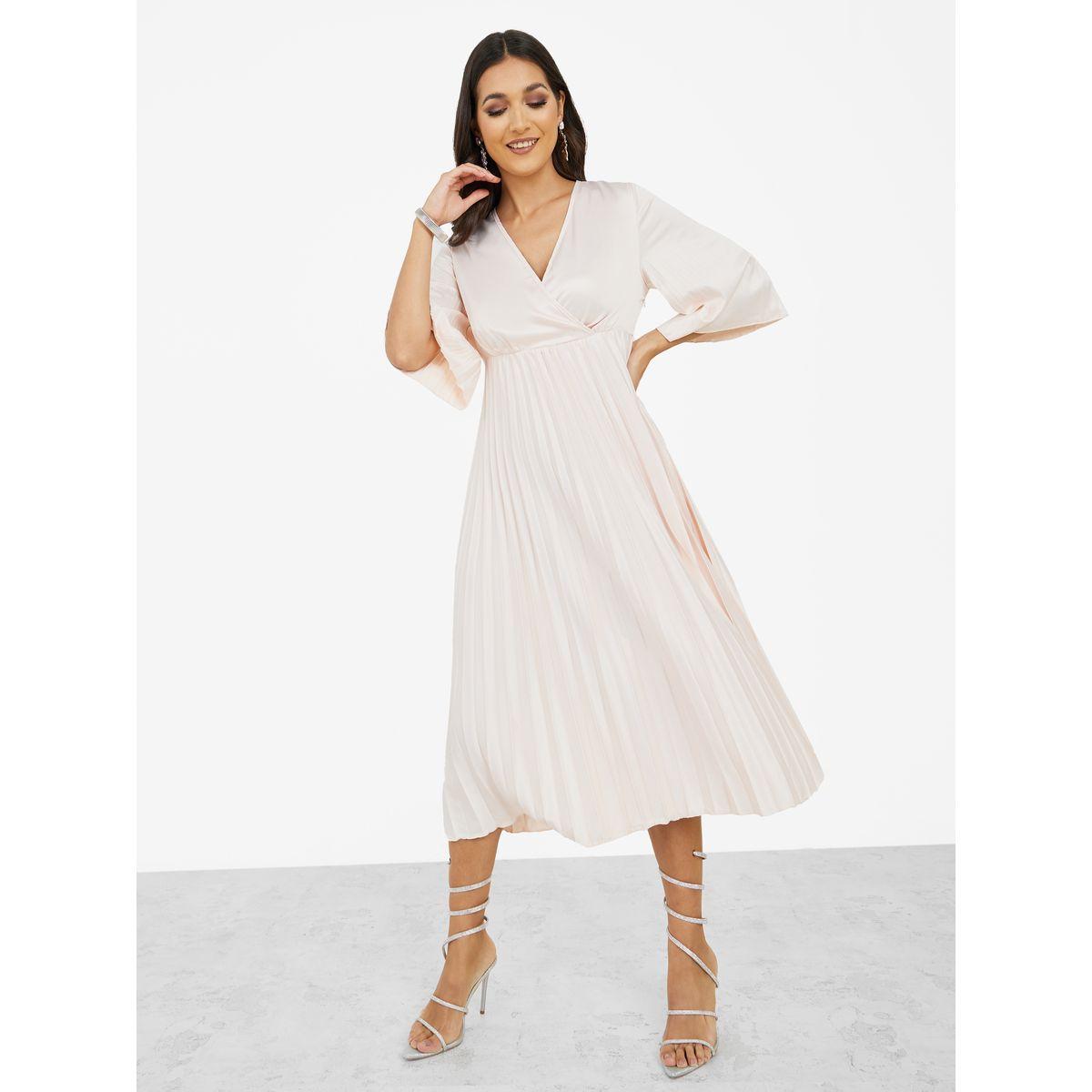 Styli 3/4 Sleeve Satin Pleated A-Line Midi Dress-women-clothing-dresses-image-2