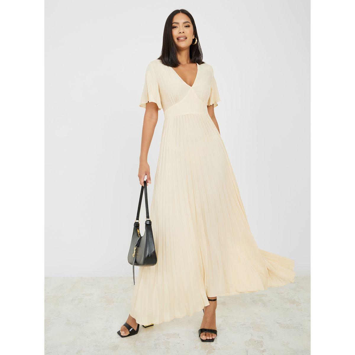 Styli Pleated V Neck A-Line Maxi Dress-women-clothing-dresses-image-1