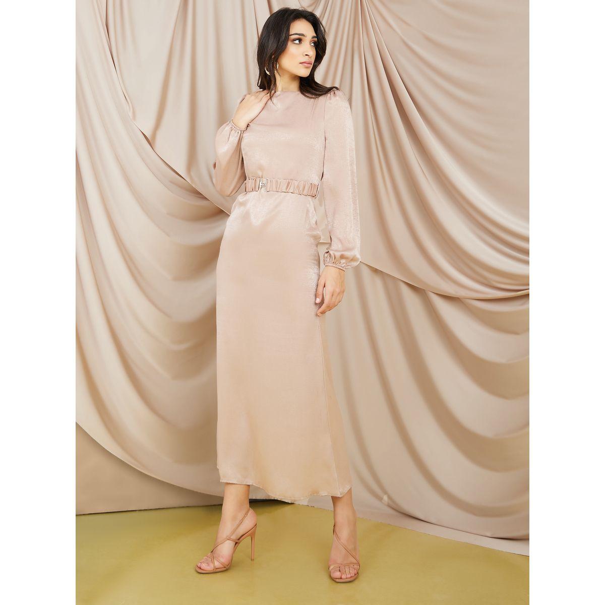 Styli Round Neck A-Line Maxi Dress with Ruched Belt-women-clothing-dresses-image-1