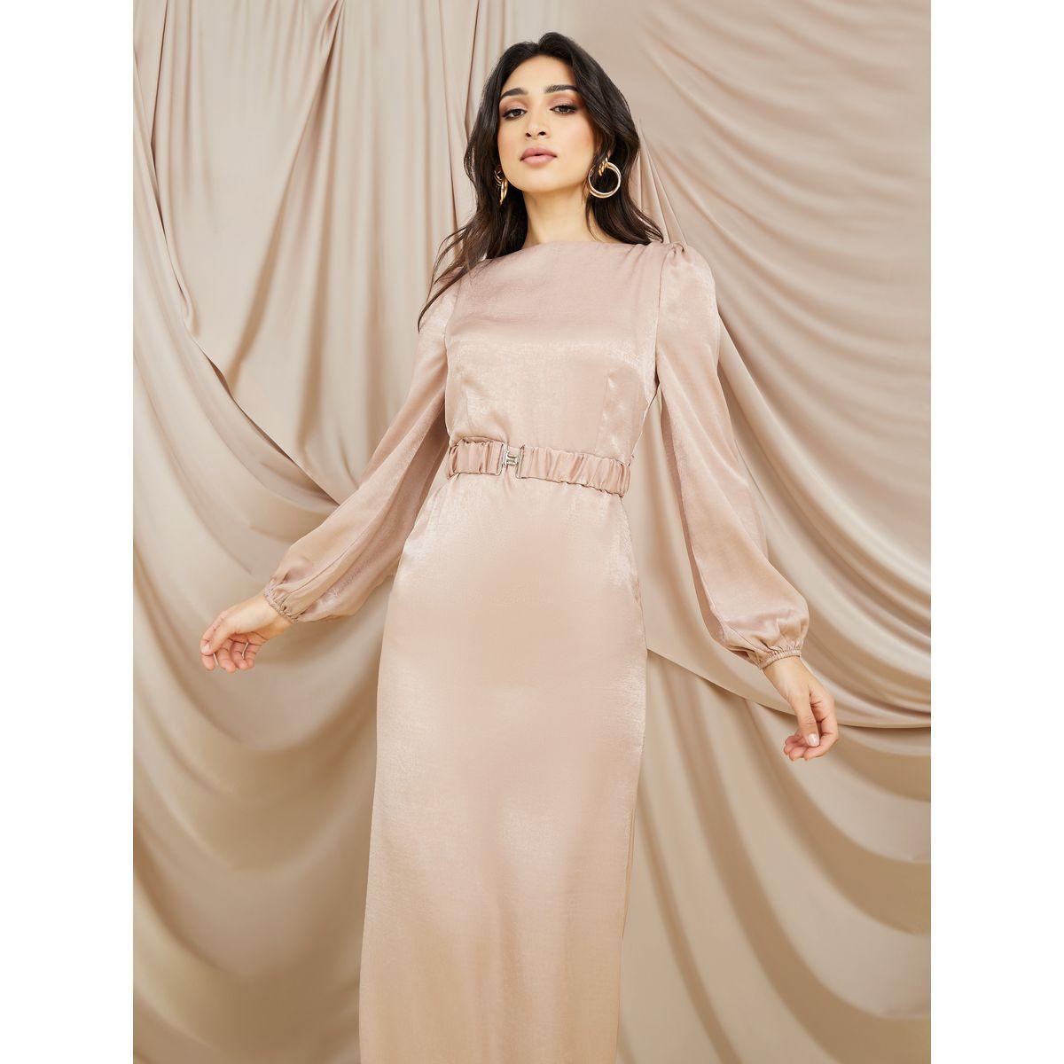 Styli Round Neck A-Line Maxi Dress with Ruched Belt-women-clothing-dresses-image-2