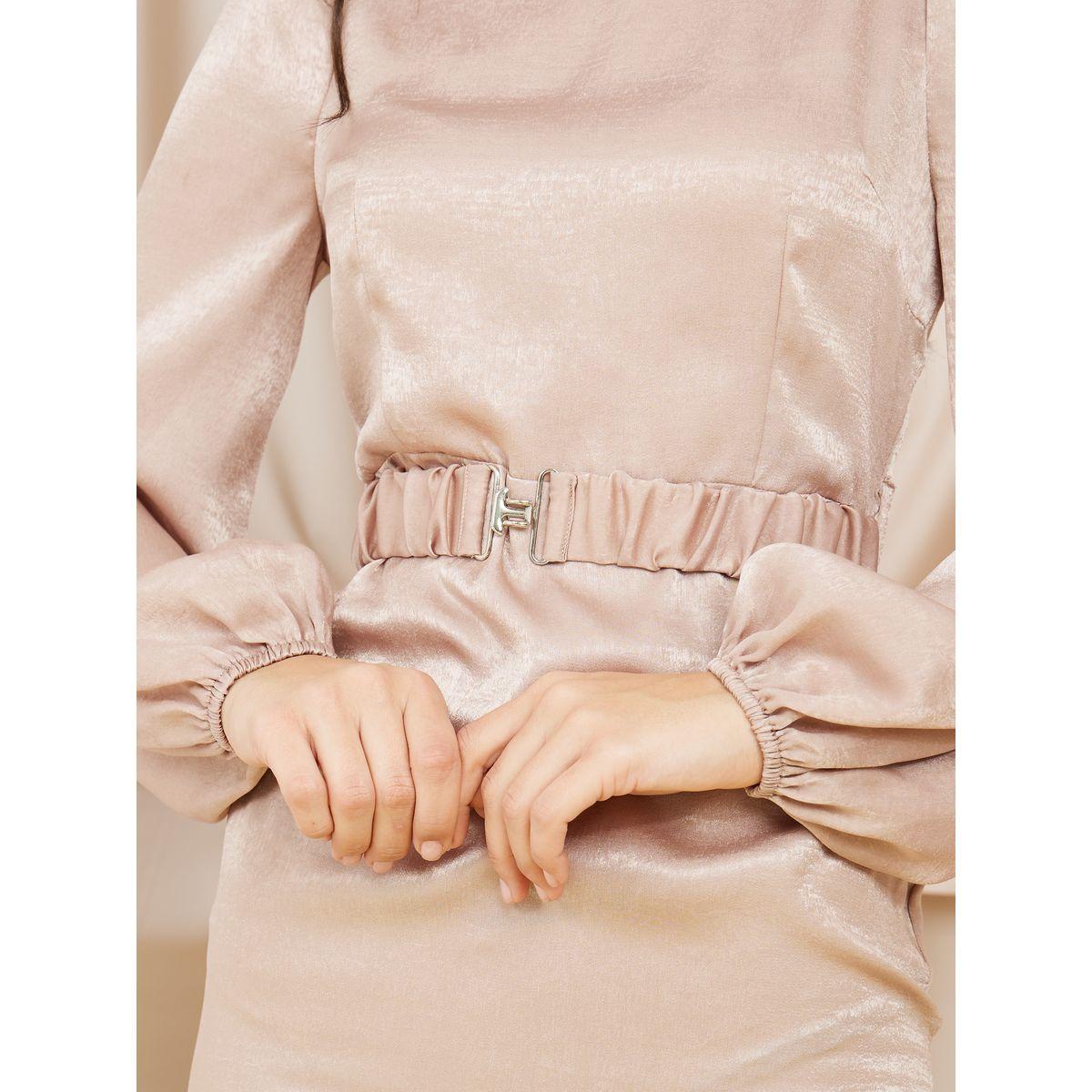 Styli Round Neck A-Line Maxi Dress with Ruched Belt-women-clothing-dresses-image-3