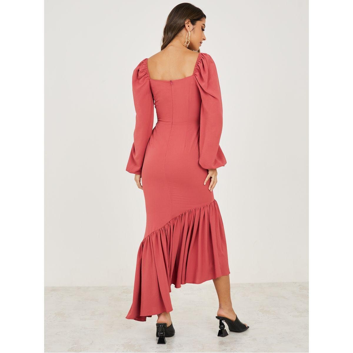 Styli Volume Sleeve Asymmetric Hem Bodycon Maxi Dress -women-clothing-dresses-image-4