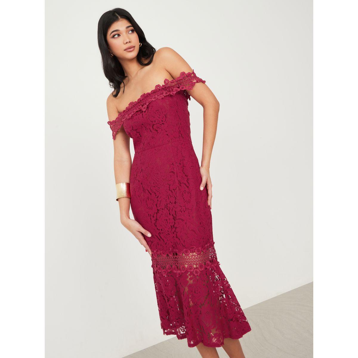 Styli Lace Insert Bardot Bodycon Midi Dress-women-clothing-dresses-image-1