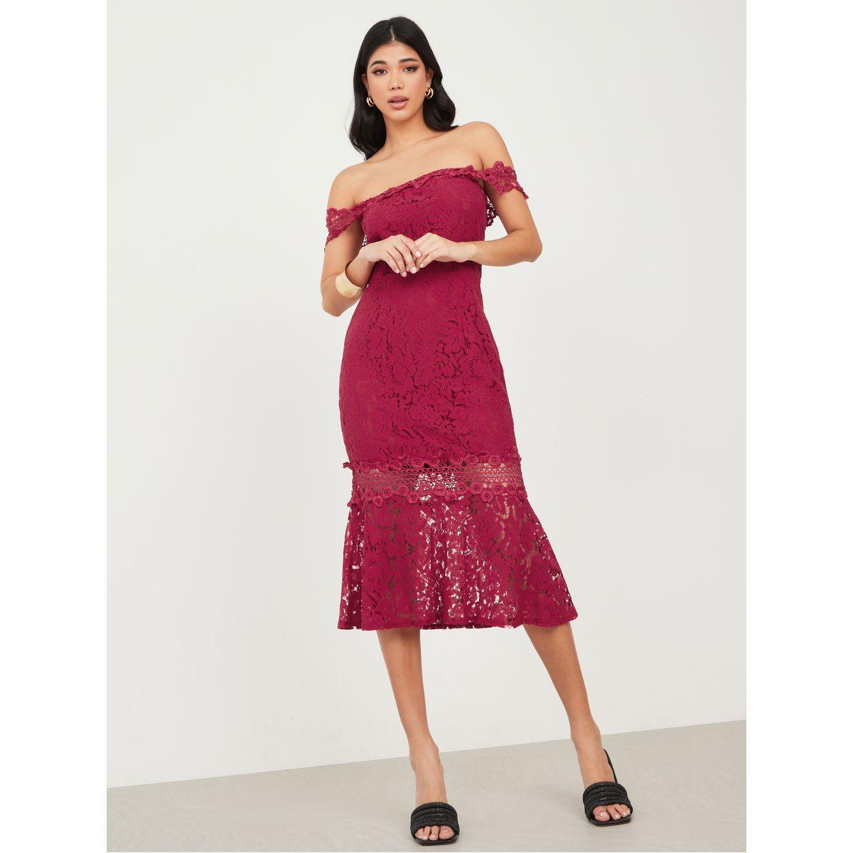 Styli Lace Insert Bardot Bodycon Midi Dress-women-clothing-dresses-image-2