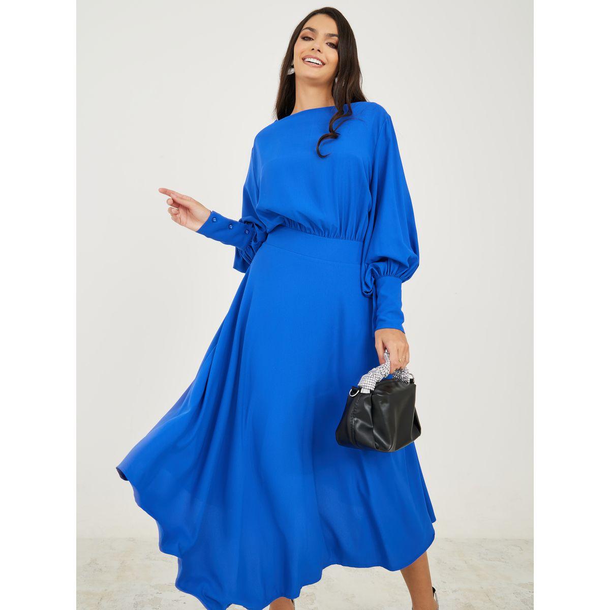 Styli Blouson Sleeve Asymmetric Hem A-Line Midi Dress-women-clothing-dresses-image-1