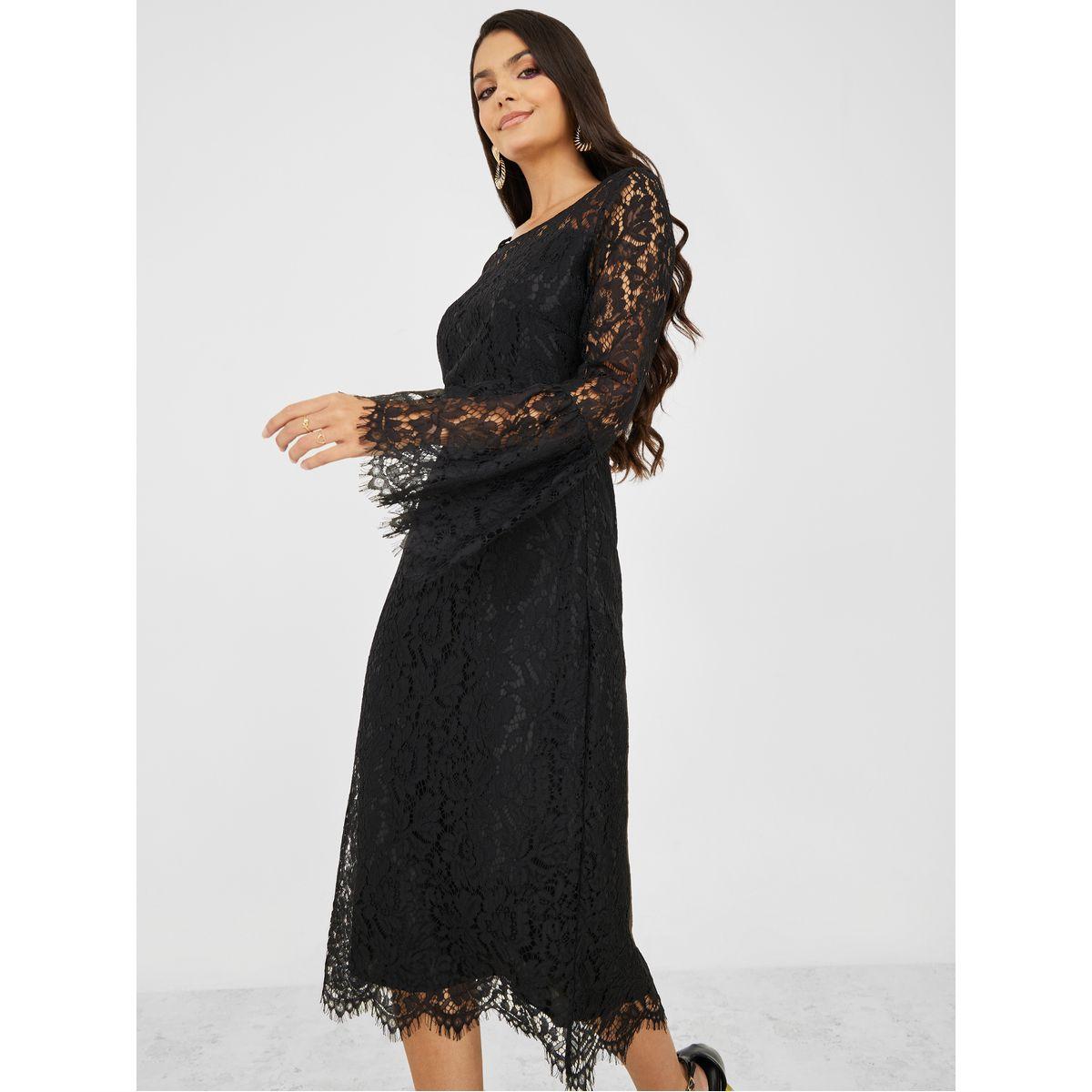 Styli Flute Sleeves Lace Detail A-Line Midi Dress-women-clothing-dresses-image-1