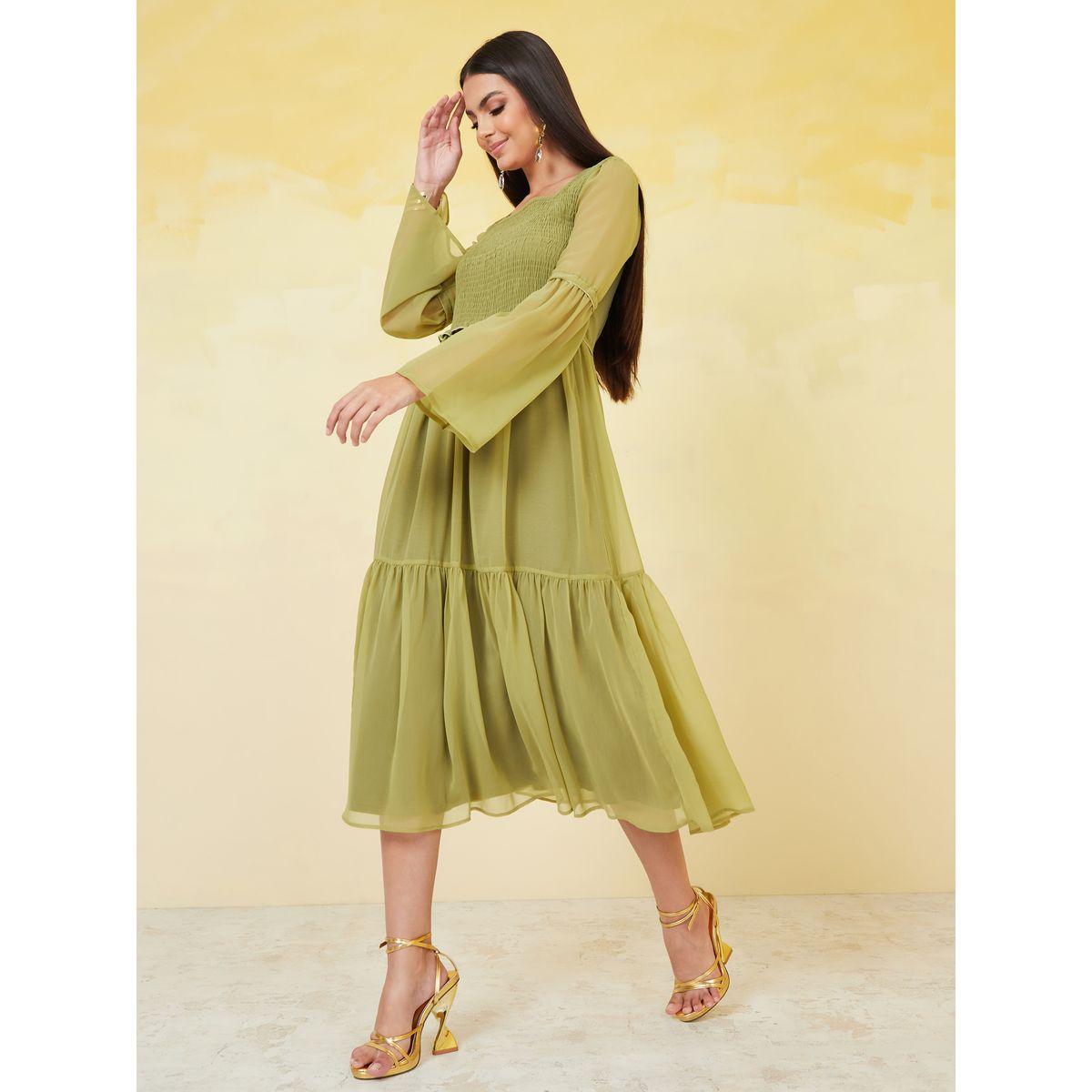 Styli Square Neck Shirred Detail A-Line Midi Dress-women-clothing-dresses-image-1