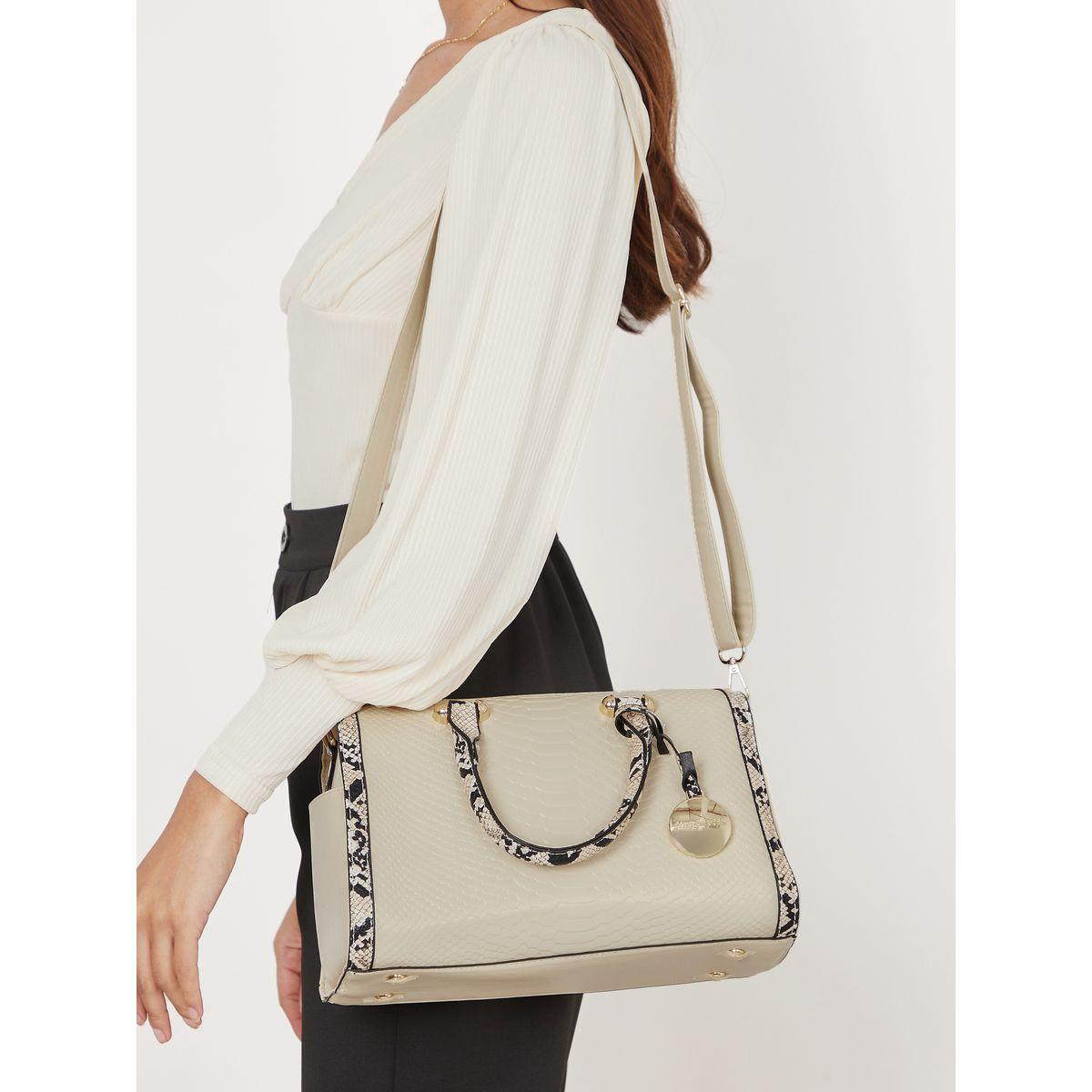 Styli Snakeskin Panel Print Bowling Bag with Zip Closure-women-bagsandwallets-handbags-image-3