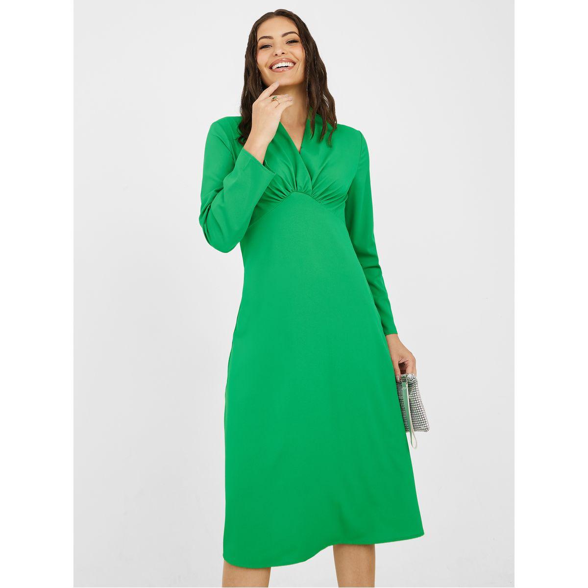 Styli Pleat Detail V Neck Midi Dress-women-clothing-dresses-image-1