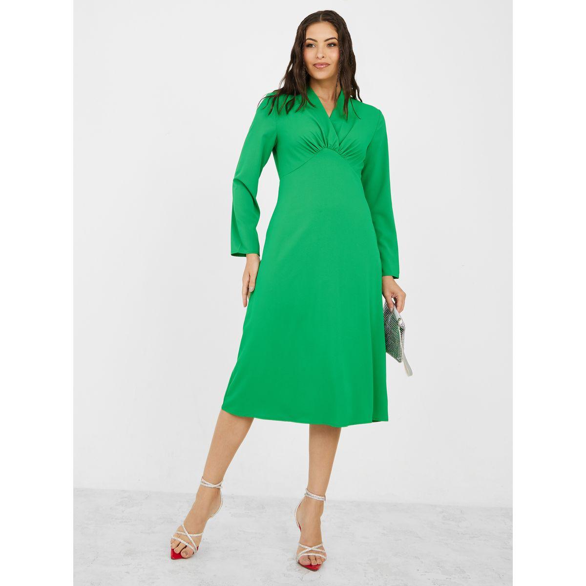 Styli Pleat Detail V Neck Midi Dress-women-clothing-dresses-image-2