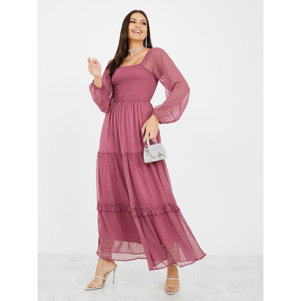 فستان طويل بأكمام شفافة وكسرات-women-clothing-dresses-image-1